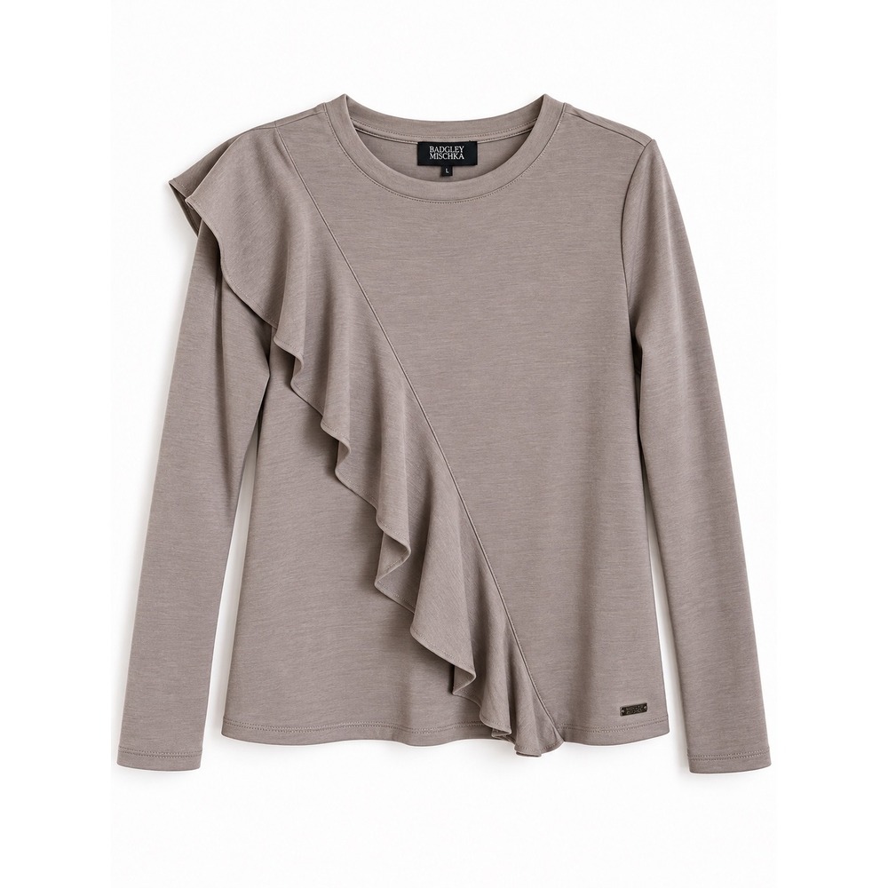 Badgley Mischka Taupe Asymmetrical Cascade Ruffle Long Sleeve Blouse Top Large